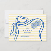 Blauwe Mediterrane Bow Citrus Stripe Wedding RSVP Kaartje (Voorkant)