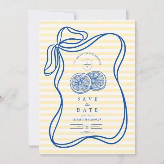 Blauwe Mediterrane Bow Citrus Stripe Wedding Save The Date (Voorkant)
