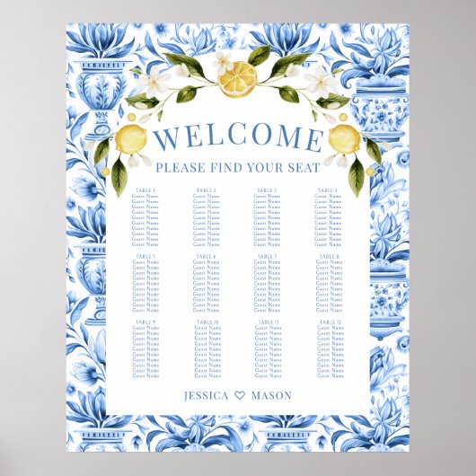 Blauwe mediterrane citroen bruiloft zitgrafiek poster (Voorkant)