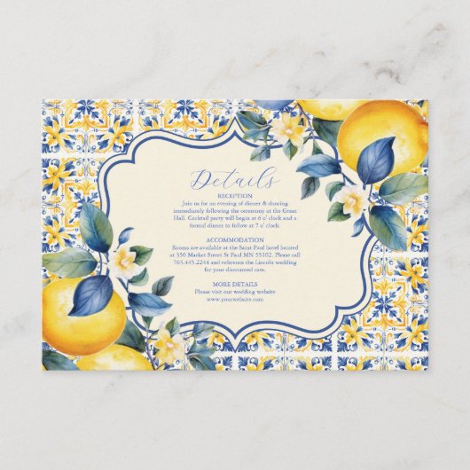 Blauwe mediterrane Italiaanse Tegel en Lemon Weddi Informatiekaartje (Voorkant)