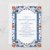 Blauwe mediterrane Italiaanse Tegel en Lemon Weddi Kaart (Voorkant)