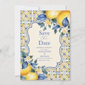 Blauwe mediterrane Italiaanse Tegel en Lemon Weddi Save The Date (Voorkant)
