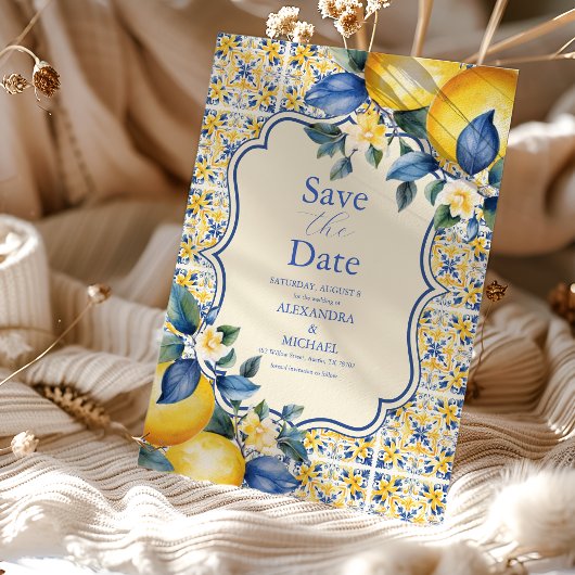 Blauwe mediterrane Italiaanse Tegel en Lemon Weddi Save The Date