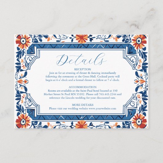 Blauwe mediterrane Italiaanse tegel Huwelijk Informatiekaartje (Voorkant)