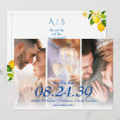 Blauwe Mediterrane Lemon Drie foto bruiloft Save The Date (Voorkant / Achterkant)