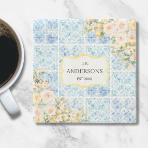 Blauwe Mediterrane Tegel Bloem Citroen Familienaam Stenen Onderzetter