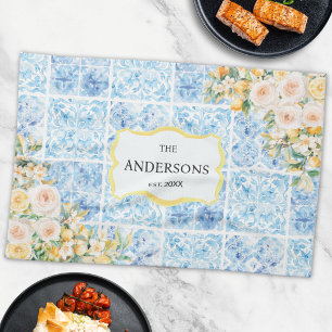 Blauwe Mediterrane Tegel Bloem Citroen Familienaam Theedoek