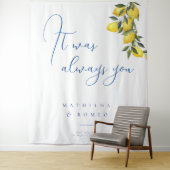 Blauwe Mediterrane Tegel & Citrus bruiloft achterg Wandkleed (In situ)