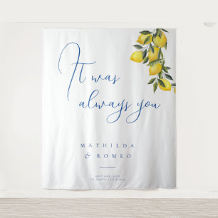 Blauwe Mediterrane Tegel & Citrus bruiloft achterg Wandkleed