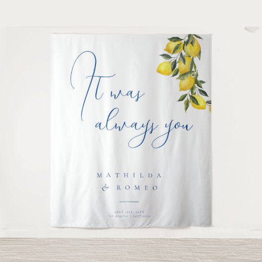 Blauwe Mediterrane Tegel & Citrus bruiloft achterg Wandkleed (Voorkant)