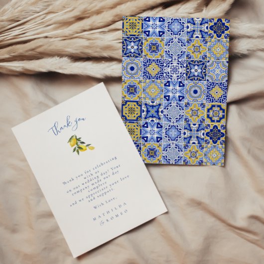Blauwe Mediterrane Tegel & Citrus bruiloft Dank u Kaart