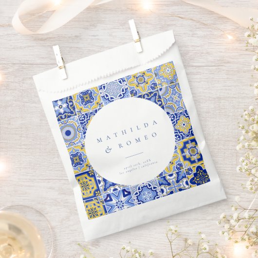 Blauwe Mediterrane Tegel & Citrus bruiloft gunstta Bedankzakje (Geknipt)