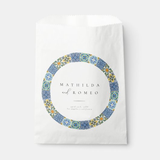 Blauwe Mediterrane Tegel & Citrus bruiloft gunstta Bedankzakje (Voorkant)