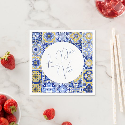 Blauwe Mediterrane Tegel & Citrus bruiloft servett Servet (Insitu)