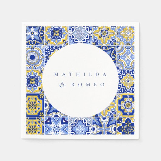 Blauwe Mediterrane Tegel & Citrus bruiloft servett Servet (Voorkant)