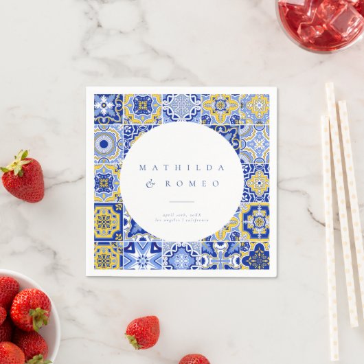 Blauwe Mediterrane Tegel & Citrus bruiloft servett Servet (Insitu)