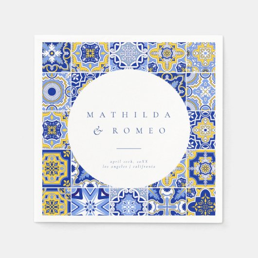 Blauwe Mediterrane Tegel & Citrus bruiloft servett Servet (Voorkant)