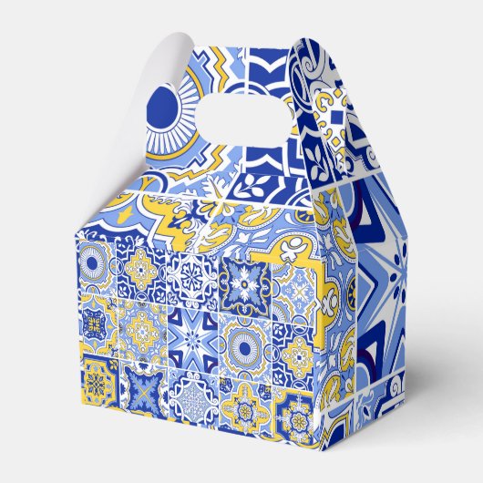 Blauwe mediterrane Tegel en Citrus bruiloft Bedankdoosjes (Achterkant)