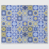 Blauwe mediterrane Tegel en Citrus bruiloft Cadeaupapier (Vlak)