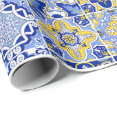 Blauwe mediterrane Tegel en Citrus bruiloft Cadeaupapier (Rol Hoek)