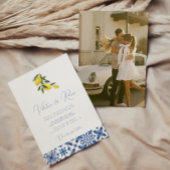 Blauwe mediterrane Tegel en citrus bruiloft foto Kaart