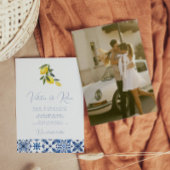 Blauwe mediterrane Tegel en citrus bruiloft foto Kaart