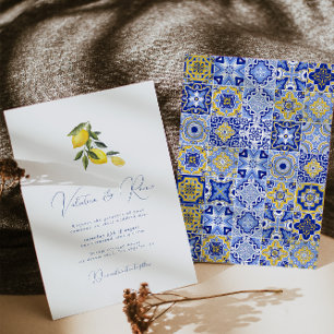 Blauwe mediterrane Tegel en citrus bruiloft Invita Kaart
