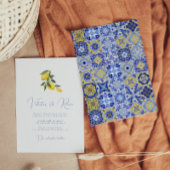 Blauwe mediterrane Tegel en citrus bruiloft Invita Kaart