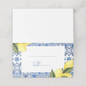 Blauwe mediterrane Tegel en Citrus bruiloft Plaatskaartje (Buitenkant ongevouwen)