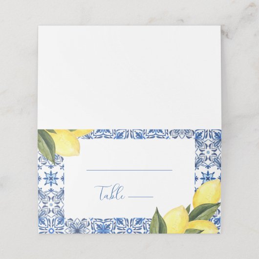 Blauwe mediterrane Tegel en Citrus bruiloft Plaatskaartje (Buitenkant ongevouwen)