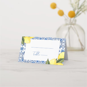 Blauwe mediterrane Tegel en Citrus bruiloft Plaatskaartje