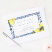 Blauwe mediterrane Tegel en Citrus bruiloft Rechthoekige Sticker (Envelop)