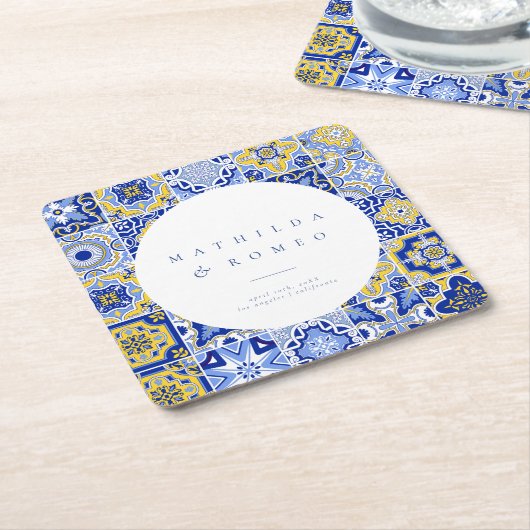 Blauwe mediterrane Tegel en Citrus Kartonnen Onderzetters (Schuin)