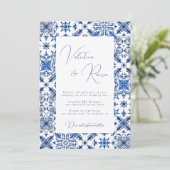 Blauwe mediterrane Tegel en citrusbruiloft Kaart (Staand voorkant)