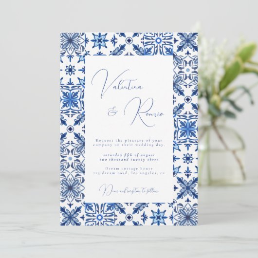 Blauwe mediterrane Tegel en citrusbruiloft Kaart (Staand voorkant)