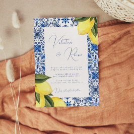 Blauwe mediterrane Tegel en citrusbruiloft Kaart