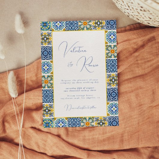 Blauwe mediterrane Tegel en citrusbruiloft Kaart