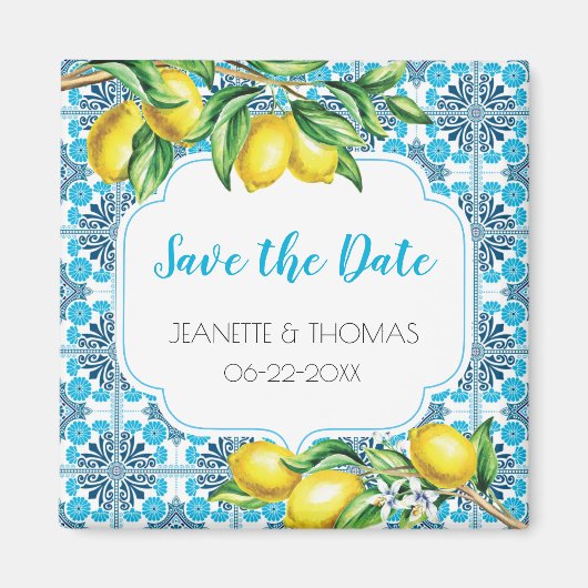 Blauwe mediterrane Tegel Lemon Opslaan Datum Magneet (Voorkant)
