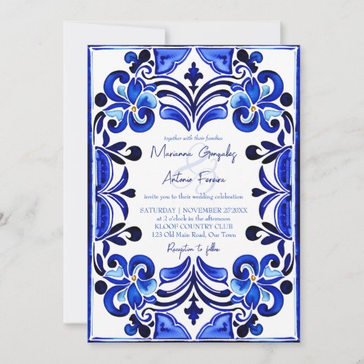 Blauwe mediterrane tegels allemaal in één bruiloft kaart (Voorkant)