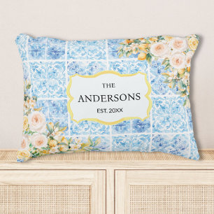 Blauwe mediterrane tegels bloem citroen familienaa accent kussen