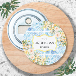 Blauwe Mediterrane Tegels Bloem Citroen Familienaa Button Flesopener