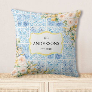 Blauwe mediterrane tegels bloem citroen familienaa kussen