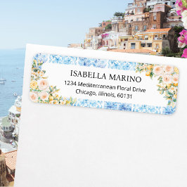 Blauwe mediterrane tegels bloemendecoratie retoura etiket