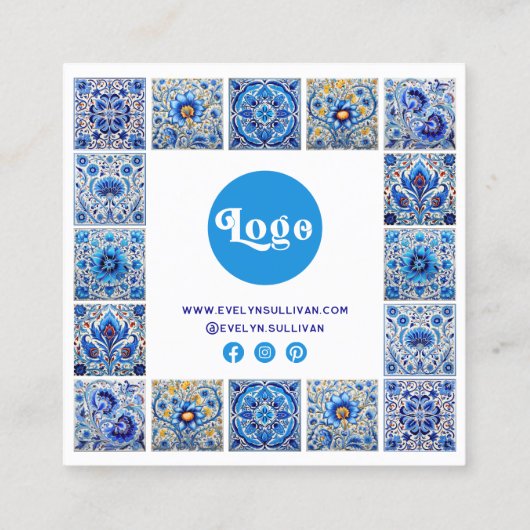 Blauwe mediterrane tegels dank u bijsluiter vierkante visitekaartje (Achterkant)