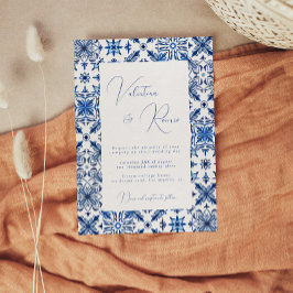 Blauwe mediterrane tegels en citroen bruiloft kaart