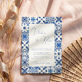 Blauwe mediterrane tegels en citroen bruiloft kaart
