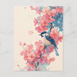 Blauwe Mees op Roze Kersenbloesemtak Briefkaart