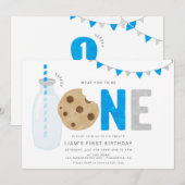 Blauwe Melk en Cookies Eerste verjaardag Minimale Kaart (Voorkant / Achterkant)