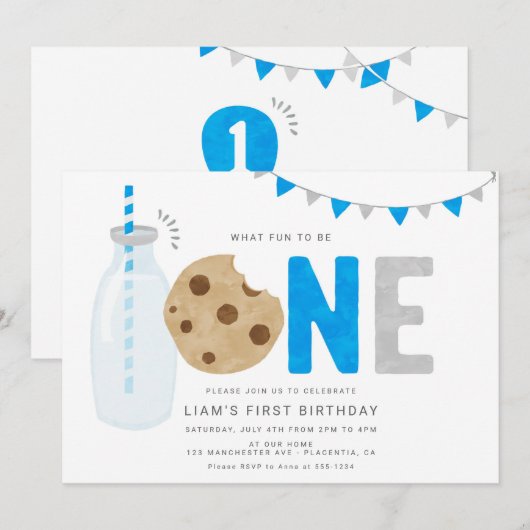 Blauwe Melk en Cookies Eerste verjaardag Minimale Kaart (Voorkant / Achterkant)