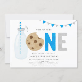 Blauwe Melk en Cookies Eerste verjaardag Minimale Kaart